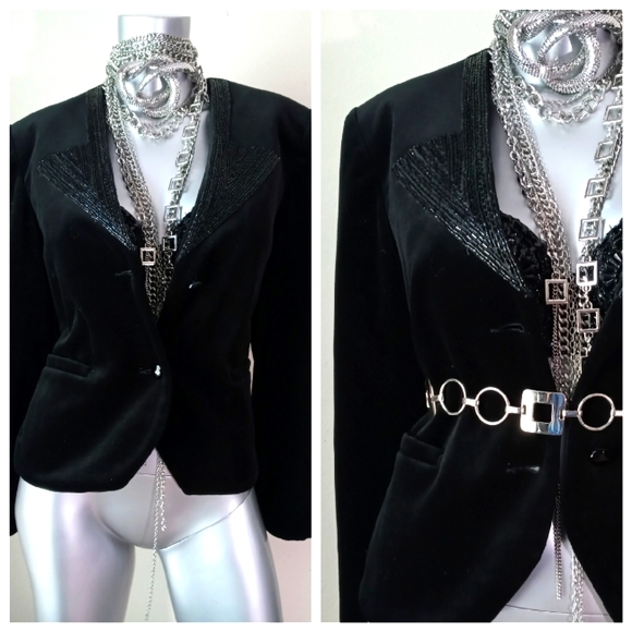 ACT 111 VINTAGE Velvet & Beads Evening Black Tie Cocktail Blazer - Picture 7 of 13